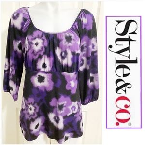 Style & Co, Flower Patterned, Purples, Black & White, 3/4” Sleeve Boho Style Top